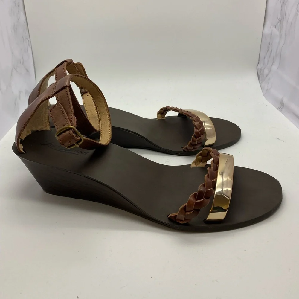 Lucky‎ Brand Ankle Strap Brown Gold Wedge Sandals women’s size 10M